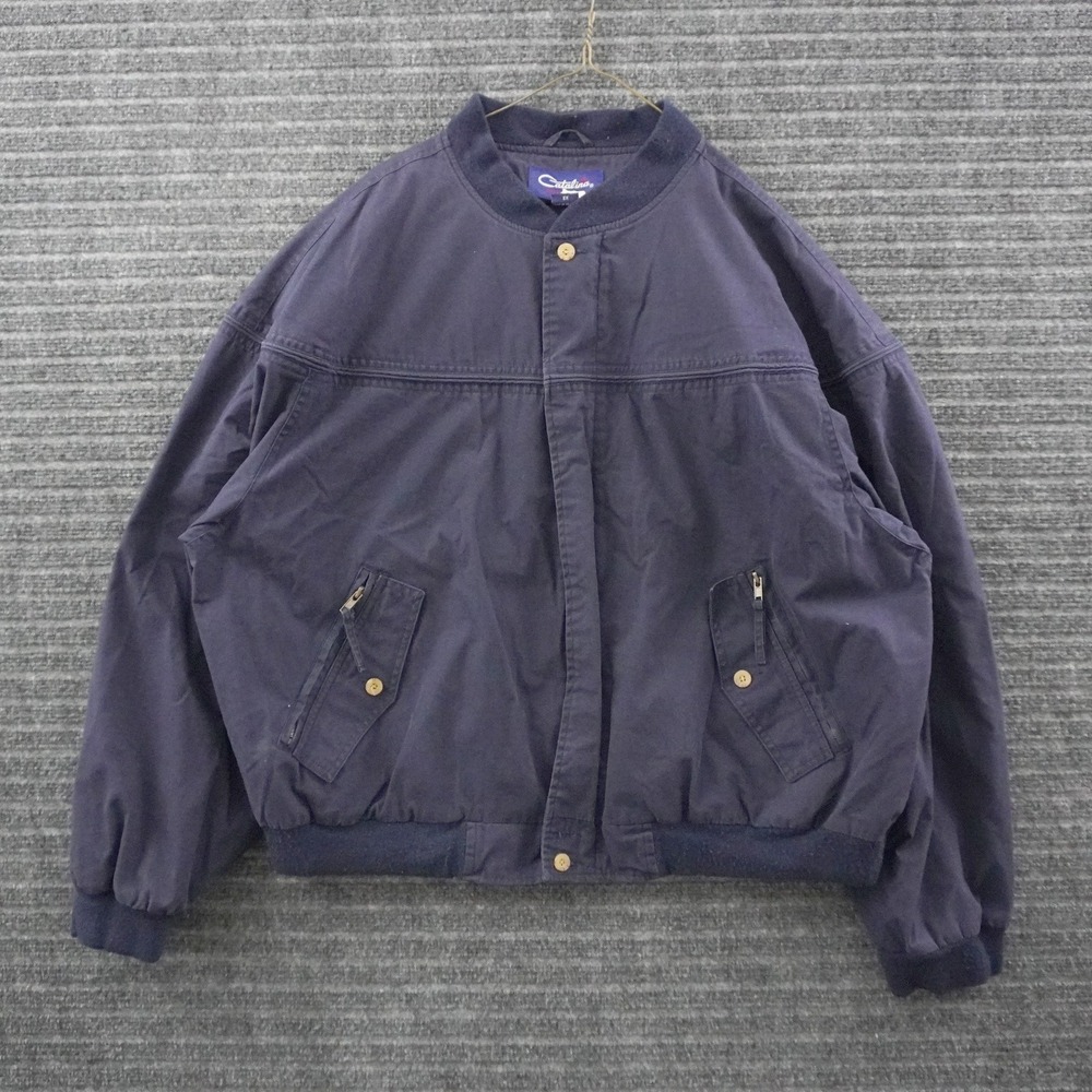 Vintage Catalina Bomber Jacket XL Navy Blue Cotton Canvas Full Zip Ribbed Trim